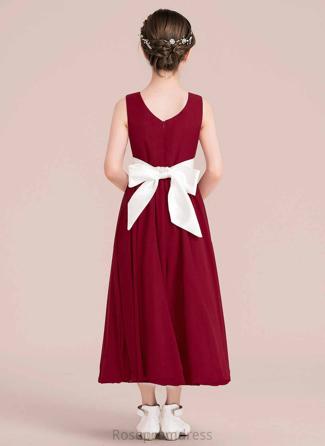 Ankle-Length Empire Junior Bridesmaid Dresses Scoop A-Line Bow(s) Sash Chiffon Neck Aurora With