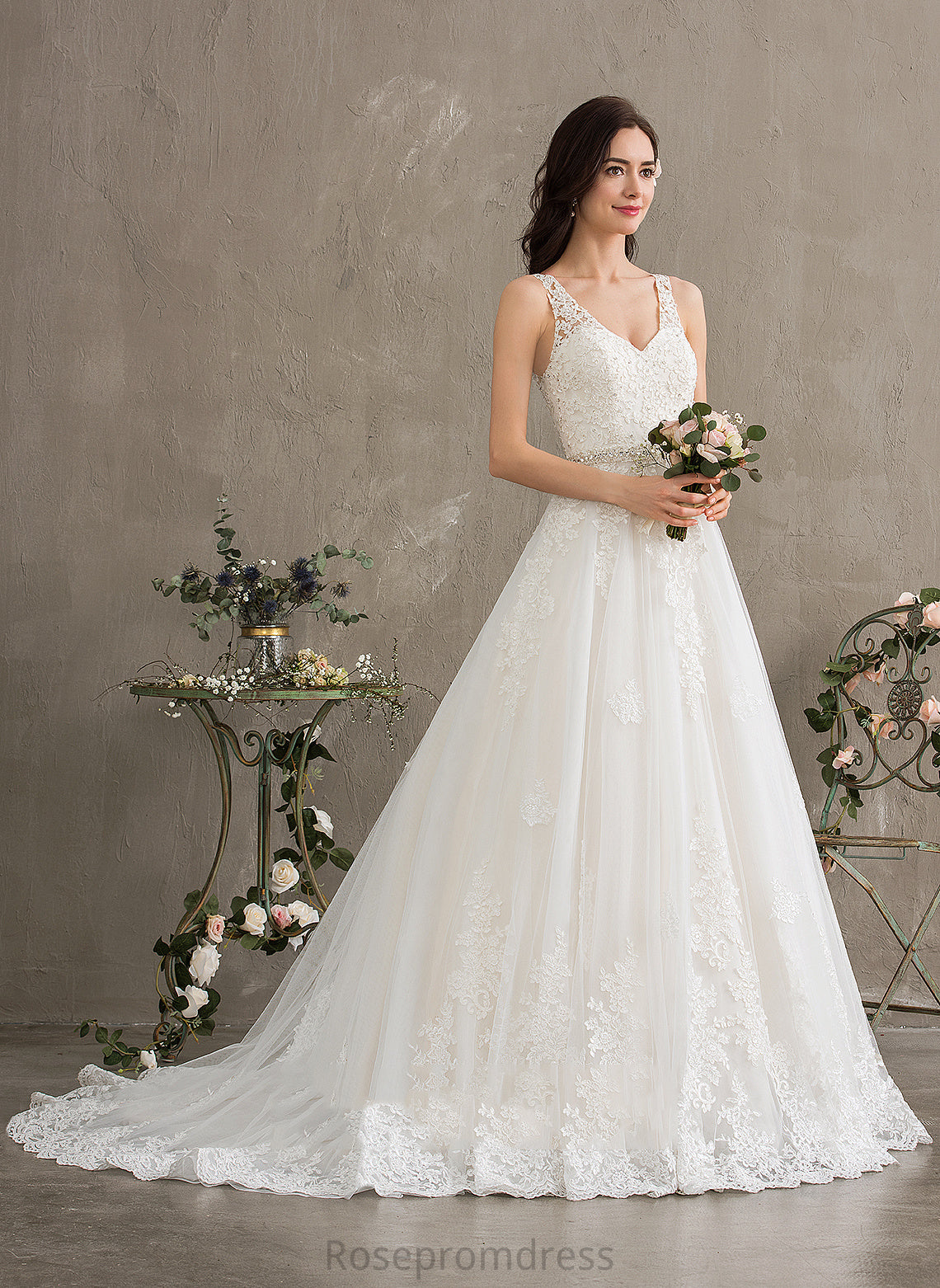 Wedding Dresses V-neck Court Beading Kenna Train With Sequins Ball-Gown/Princess Wedding Lace Dress Tulle