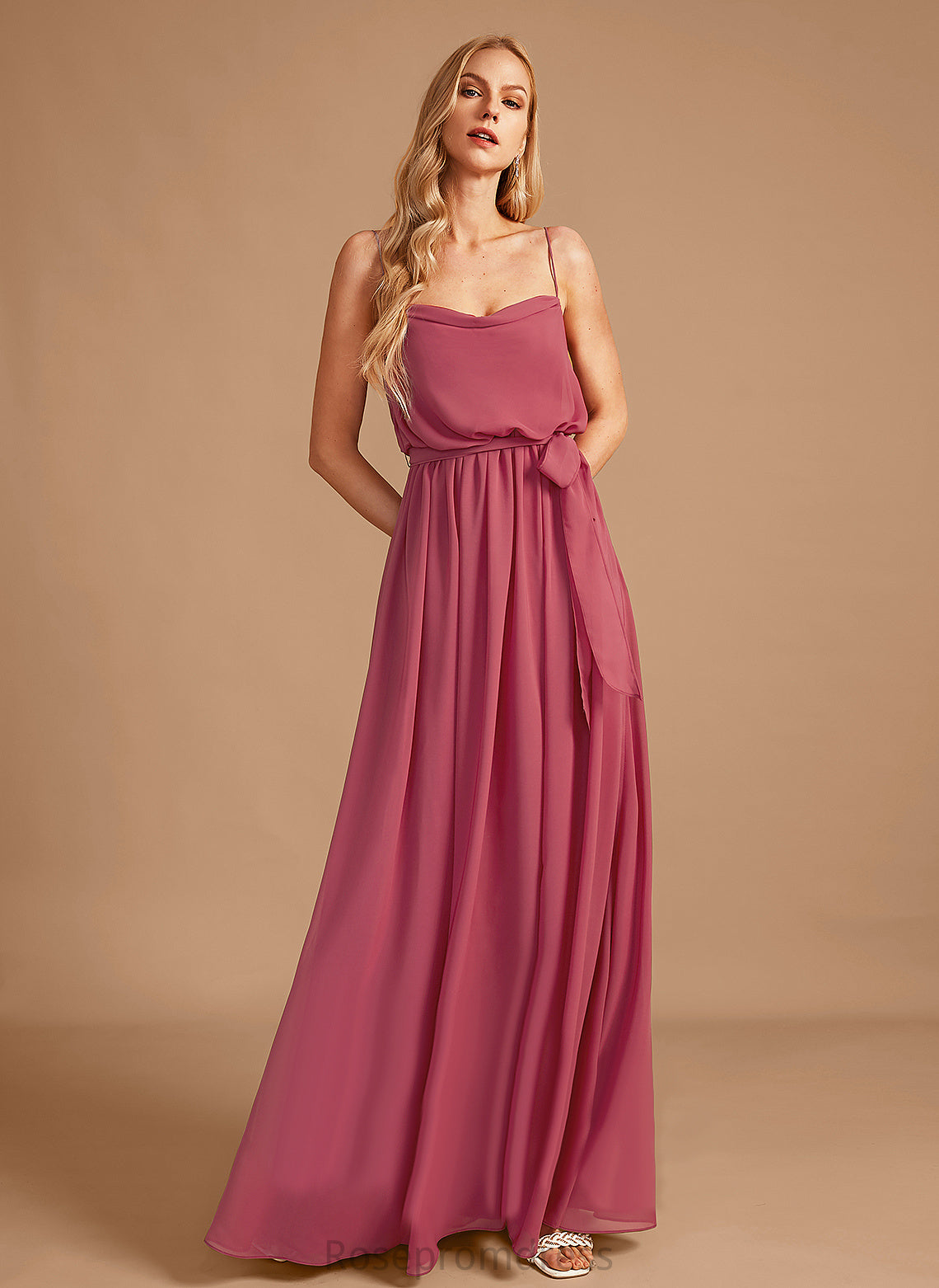 A-Line Silhouette Neckline Ruffle CowlNeck Fabric Length Floor-Length SplitFront Embellishment Adalynn Bridesmaid Dresses