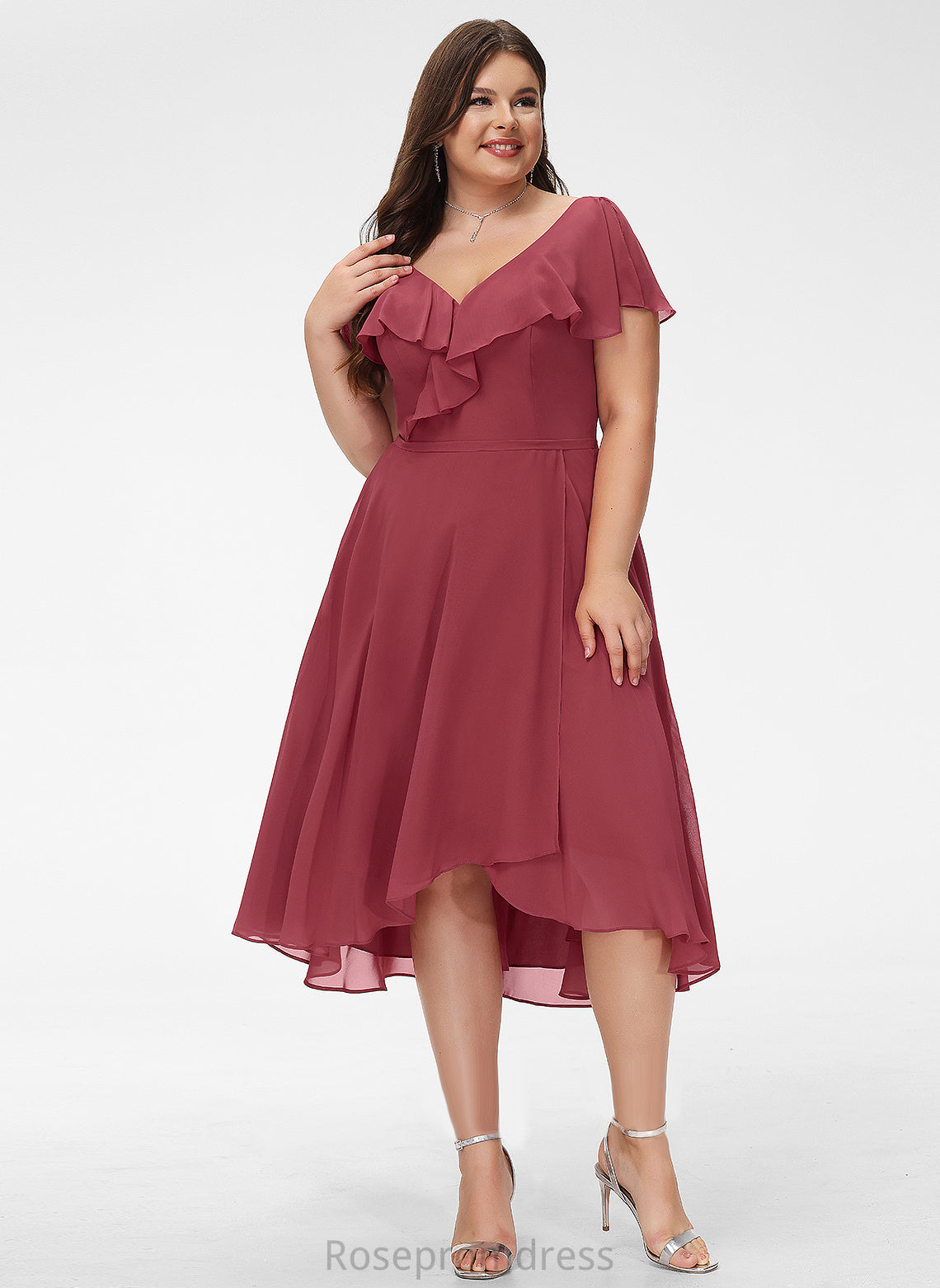 A-Line V-neck Neckline Embellishment Silhouette Asymmetrical Fabric Ruffle Length Alisha Natural Waist Scoop Bridesmaid Dresses