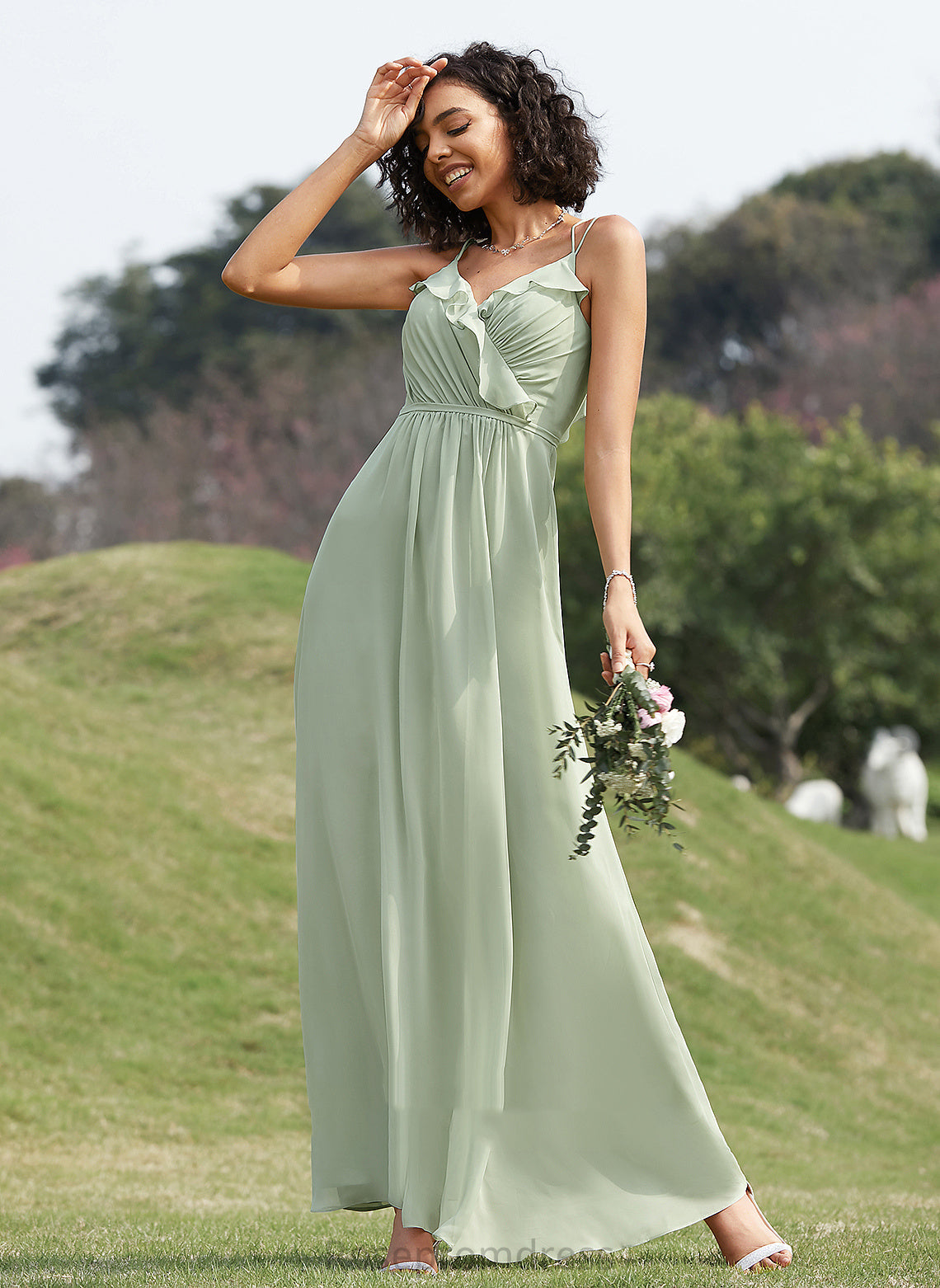 Fabric Embellishment Neckline Floor-Length Silhouette A-Line Length Ruffle V-neck Mckayla A-Line/Princess Scoop Bridesmaid Dresses