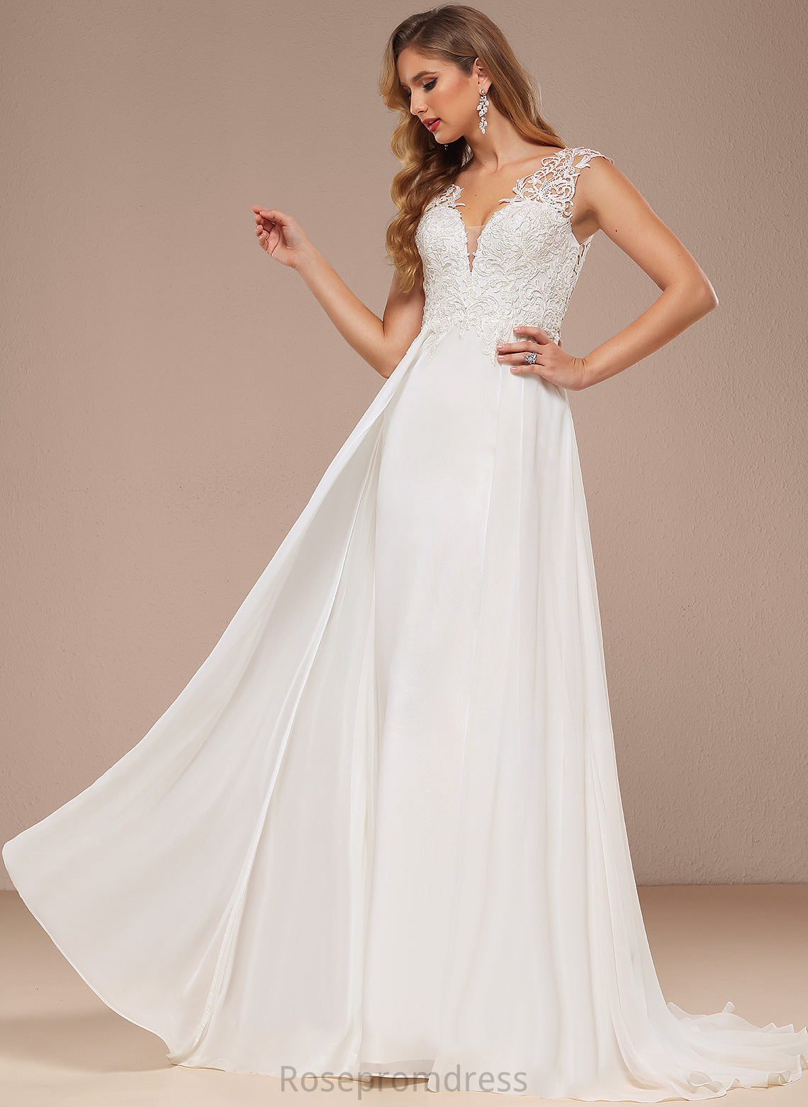 Wedding Dresses Train V-neck Sweep A-Line Emilee Dress Chiffon Lace Wedding