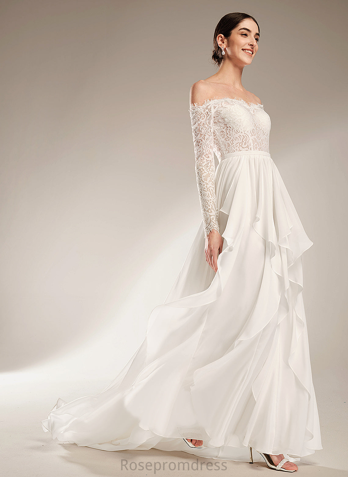 Court Train With Wedding Dress Tara Lace Ruffle Wedding Dresses Chiffon A-Line Off-the-Shoulder