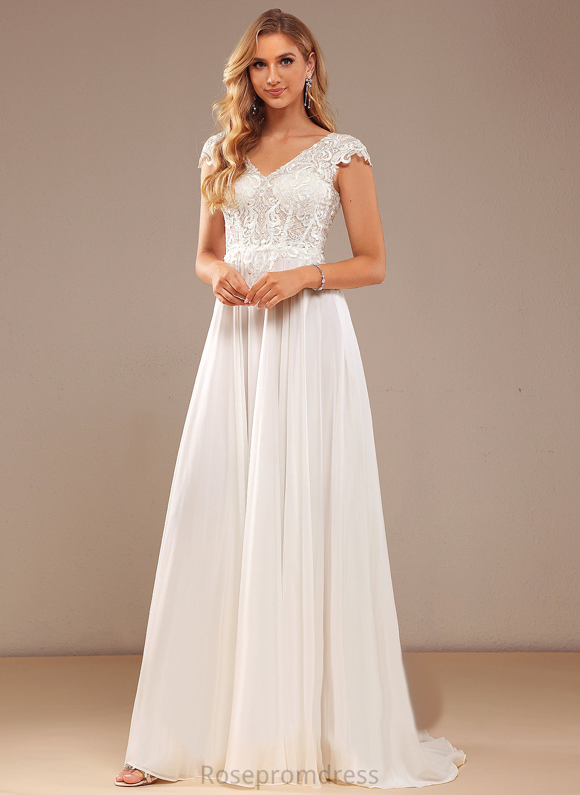 Train A-Line Wedding Dresses With Lace Dress V-neck Wedding Chiffon Lace Sweep Belen