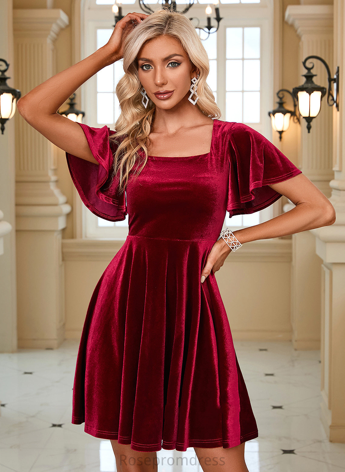 Velvet Mini Sleeves Short A-line Elegant Dresses Selah Club Dresses Neck Square