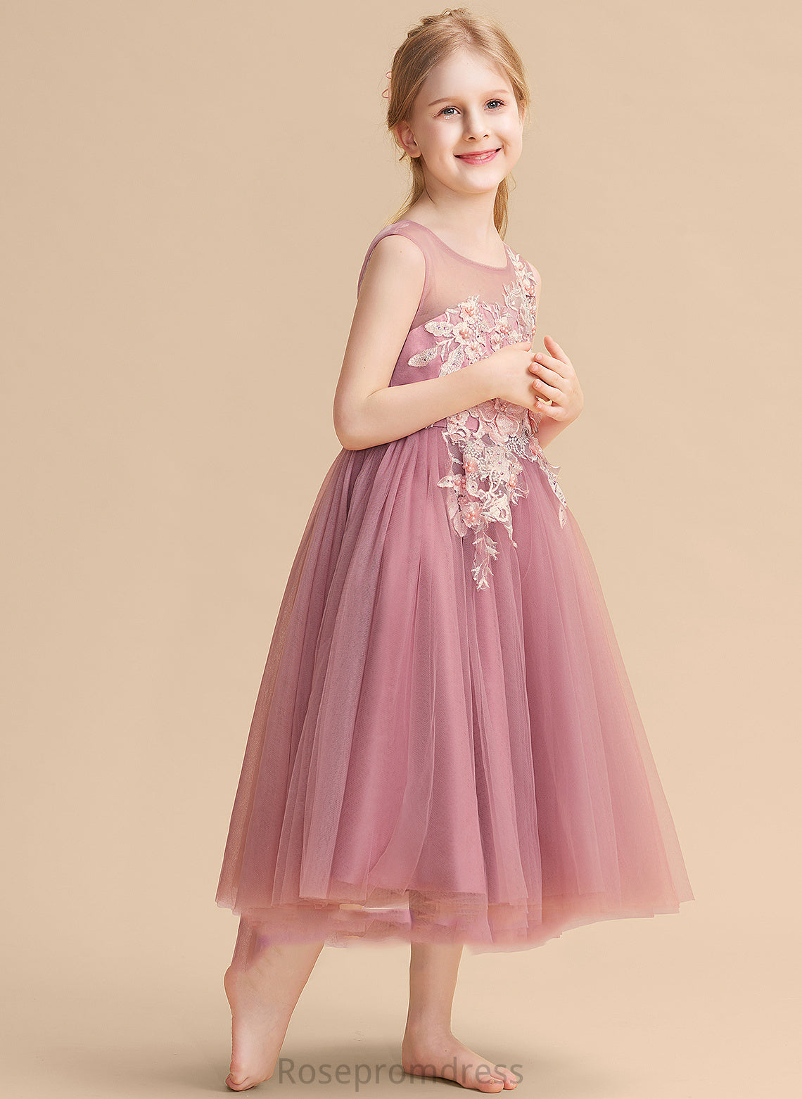 Flower Sleeveless Tulle Girl Tea-length Hayley Ball-Gown/Princess Scoop With - Dress Lace/Beading Flower Girl Dresses Neck