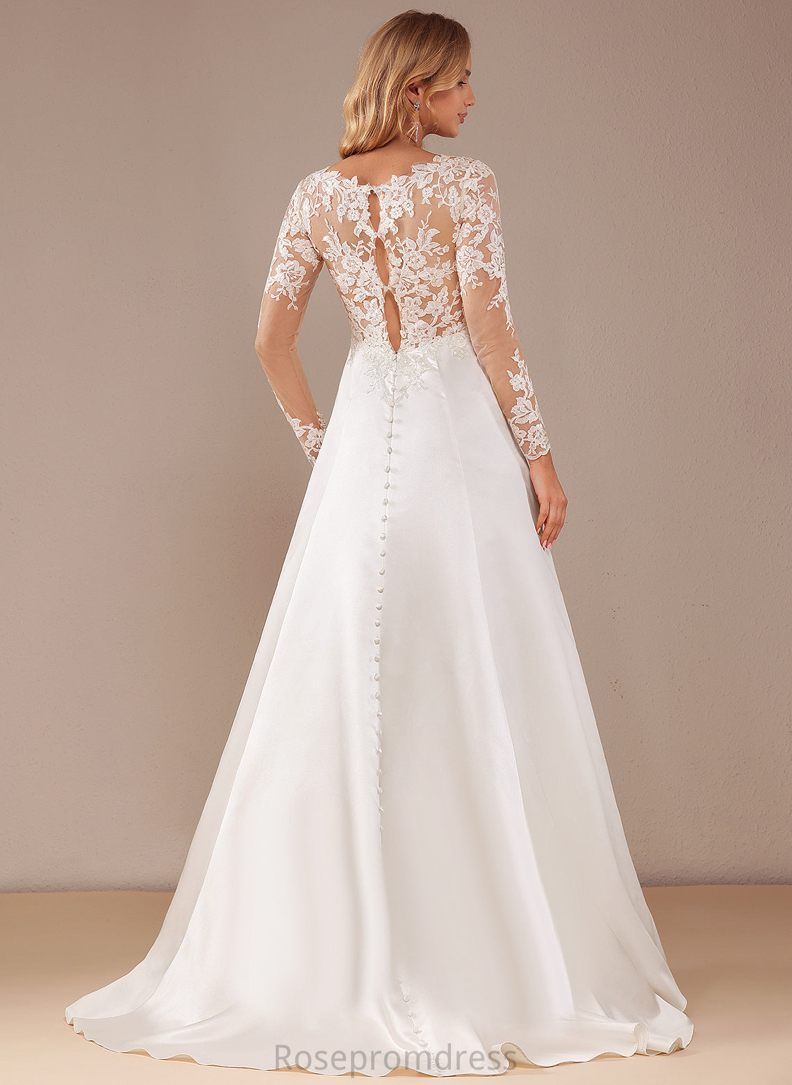 Lace Renata Satin Train A-Line Wedding Dresses Sequins Wedding Lace Court Dress V-neck With