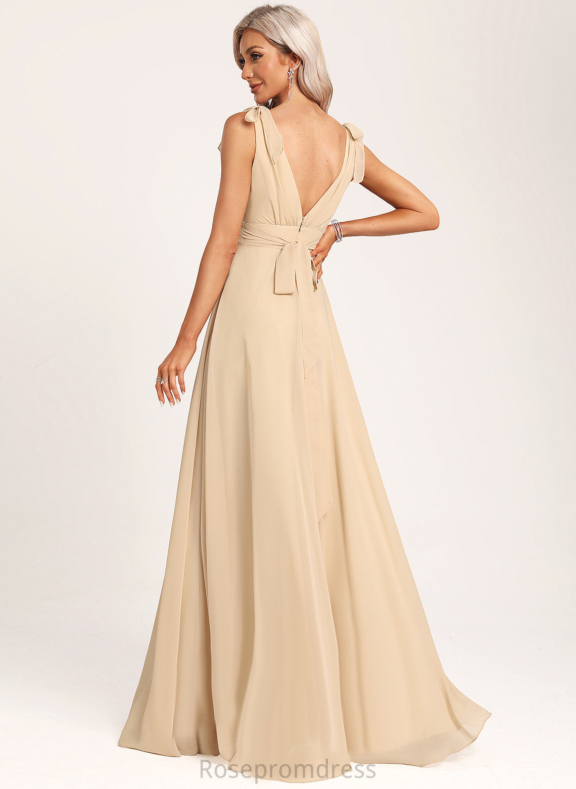 Floor-Length Neckline Fabric A-Line Length V-neck Silhouette Bow(s) Embellishment Gracelyn Sleeveless V-Neck Bridesmaid Dresses