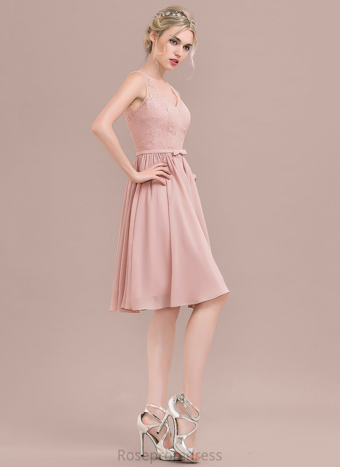 Chiffon Lace Knee-Length With Bow(s) Homecoming V-neck Dress Lace Homecoming Dresses Dulce A-Line