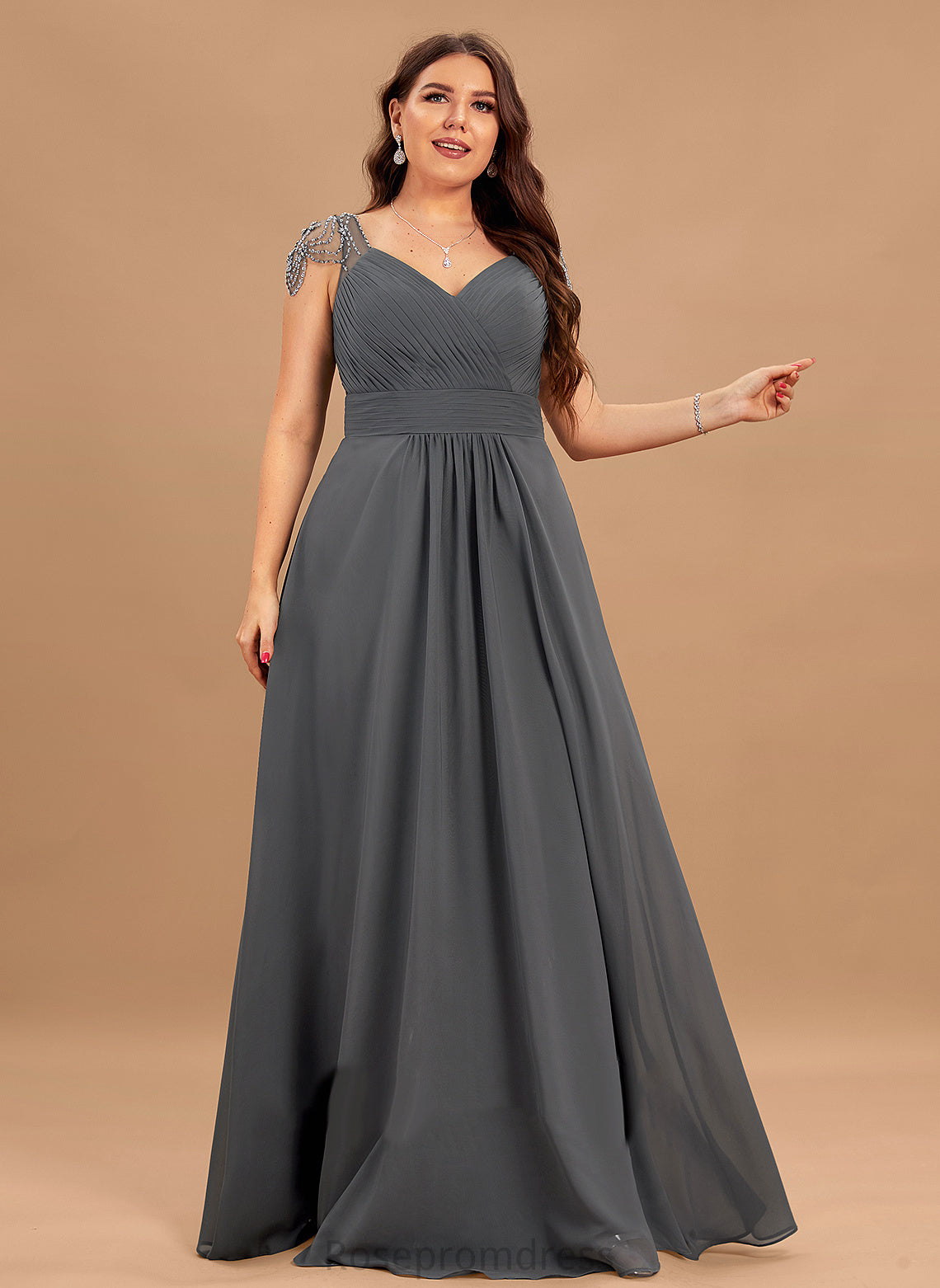 Pleated V-neck Fabric Floor-Length Sequins A-Line Beading Embellishment Length Neckline Silhouette Cassidy Bridesmaid Dresses