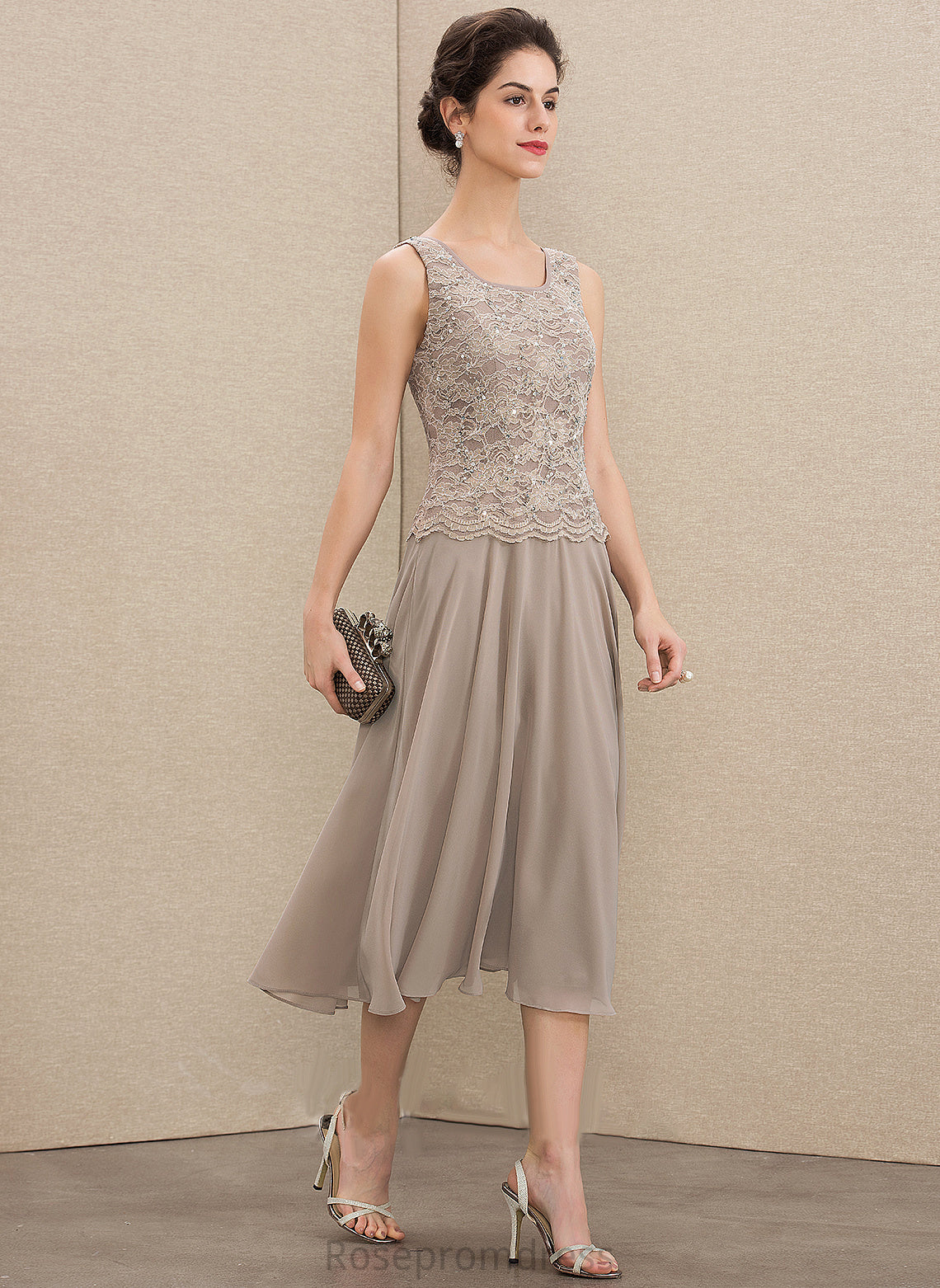 Bride Neck Chiffon Mother of the Bride Dresses Sequins Scoop the Emery With Lace A-Line Dress of Mother Tea-Length