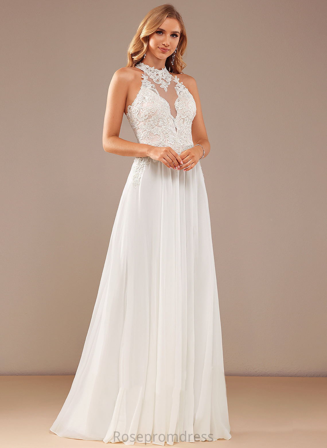 Wedding Dresses High Lace Chiffon A-Line Neck Beading Sequins Dress Floor-Length Wedding Jazlynn With