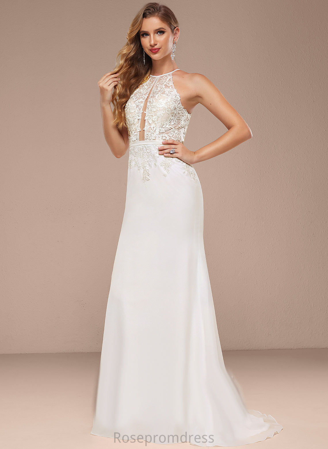 Trumpet/Mermaid Sequins Dress With Halter Wedding Dresses Wedding Train Angela Chiffon Lace Sweep