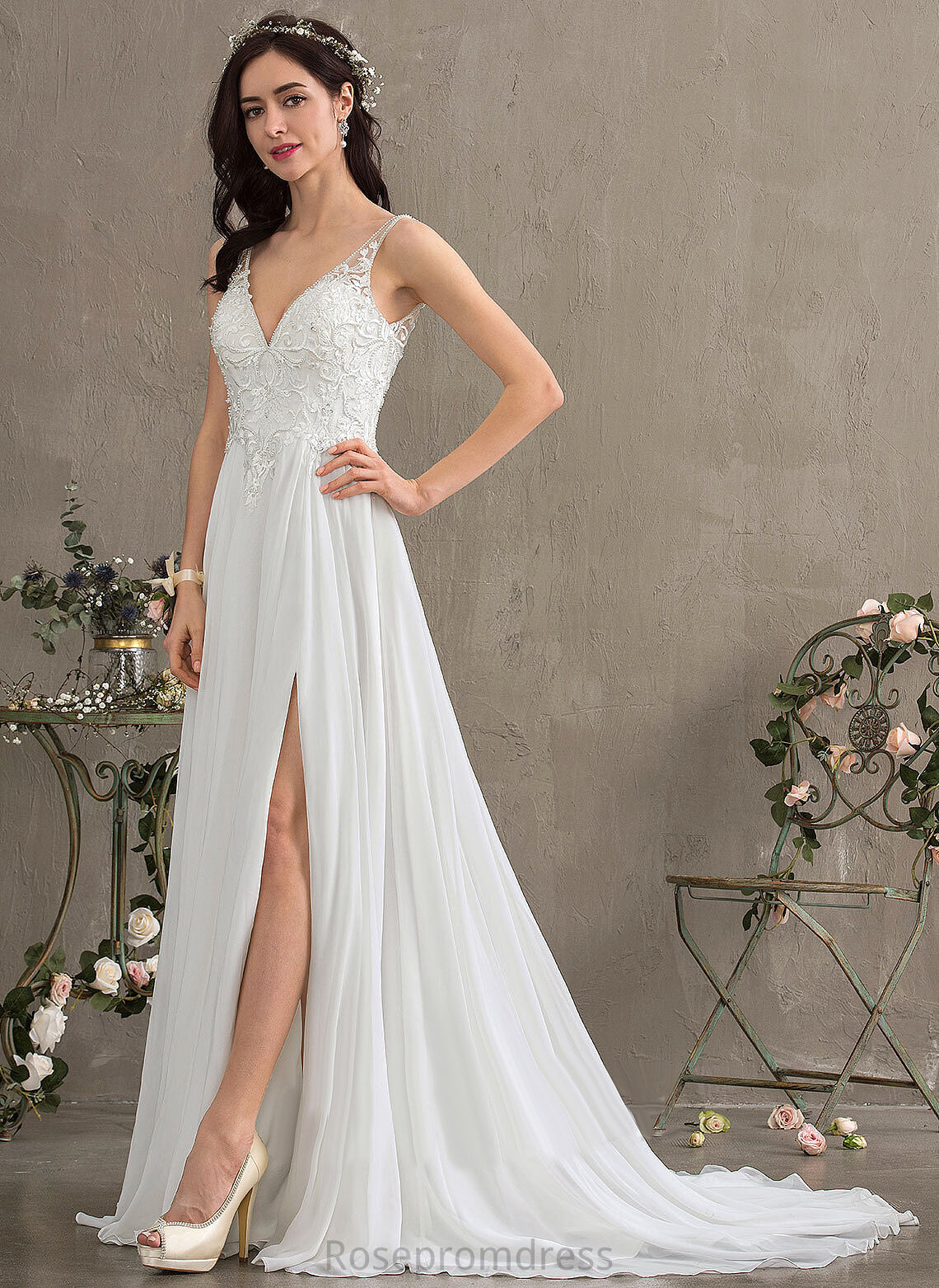 Beading A-Line V-neck Dress Wedding Thalia Sweep Sequins Split Chiffon Lace Wedding Dresses Front With Train