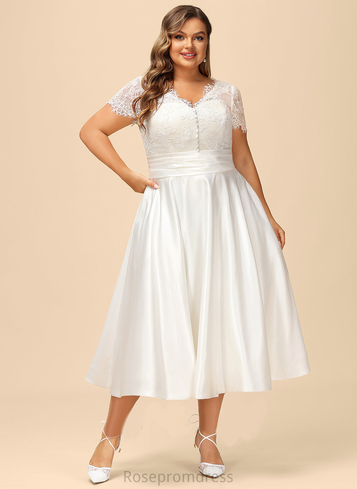 A-Line Lace Satin Ruffle Dress Tea-Length Wedding With Evangeline Wedding Dresses Pockets V-neck