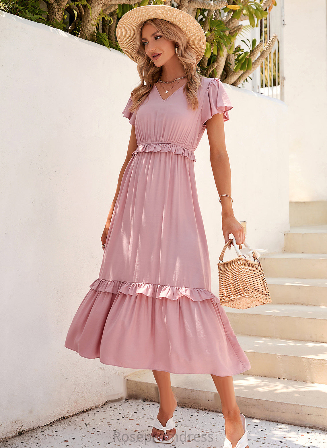 Straps Fabric Silhouette Tea-Length Neckline Polyester A-Line V-neck Length Anne Bridesmaid Dresses