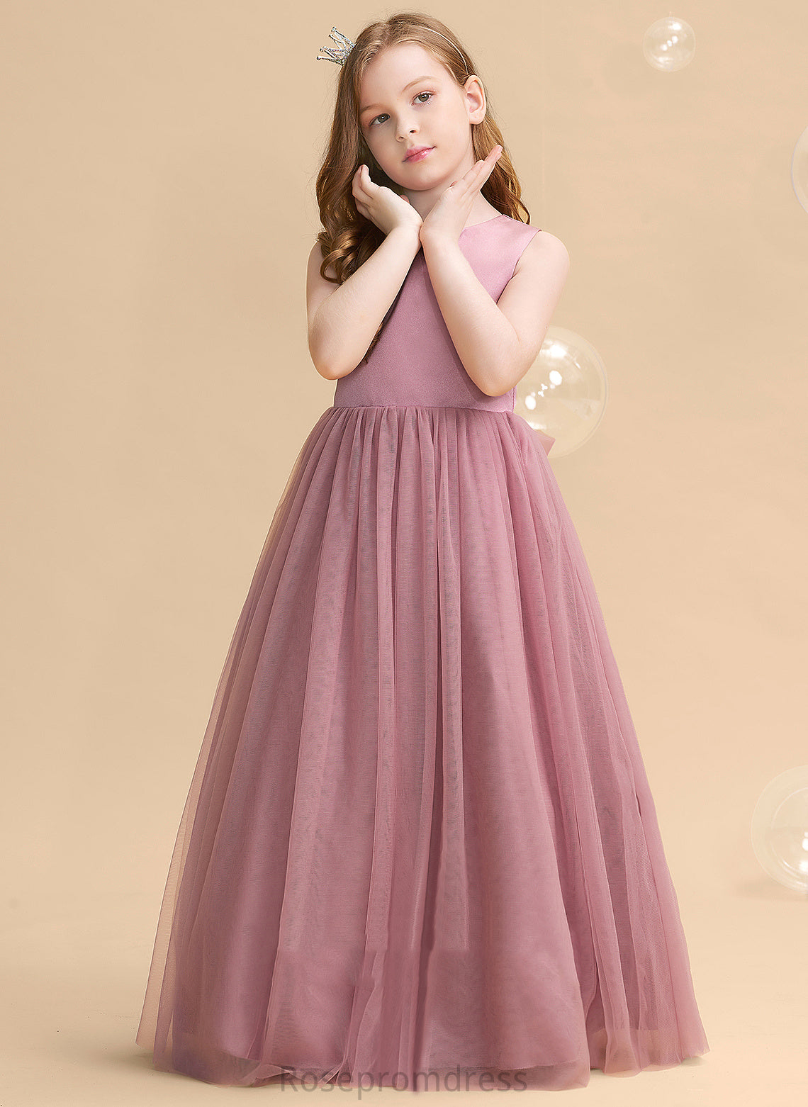 Ball-Gown/Princess Flower Bow(s)/Back Elsie Scoop Hole Girl Sleeveless Floor-length Neck Tulle Flower Girl Dresses - With Dress