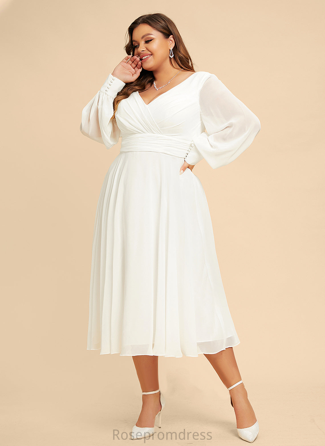 Tea-Length Kiley Wedding A-Line Chiffon Wedding Dresses V-neck Dress