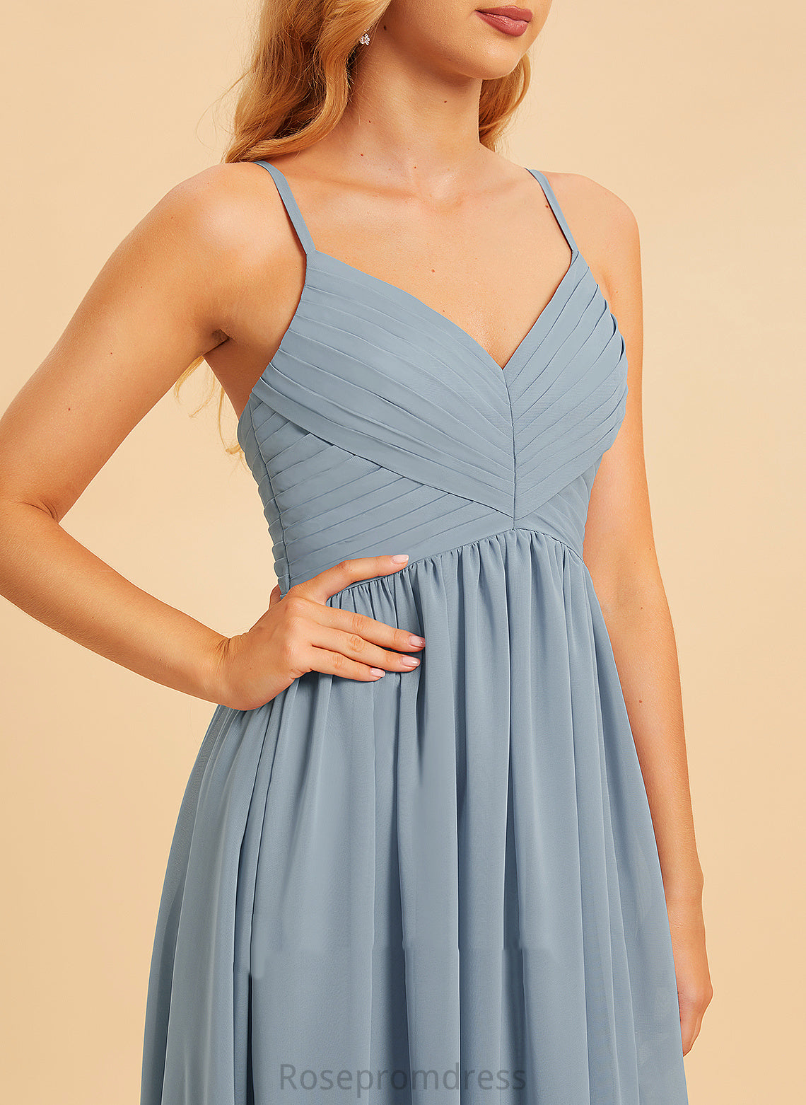 SplitFront Length Neckline Floor-Length Fabric A-Line Embellishment V-neck Silhouette Tamia Sweep-Brush Train Sleeveless Bridesmaid Dresses