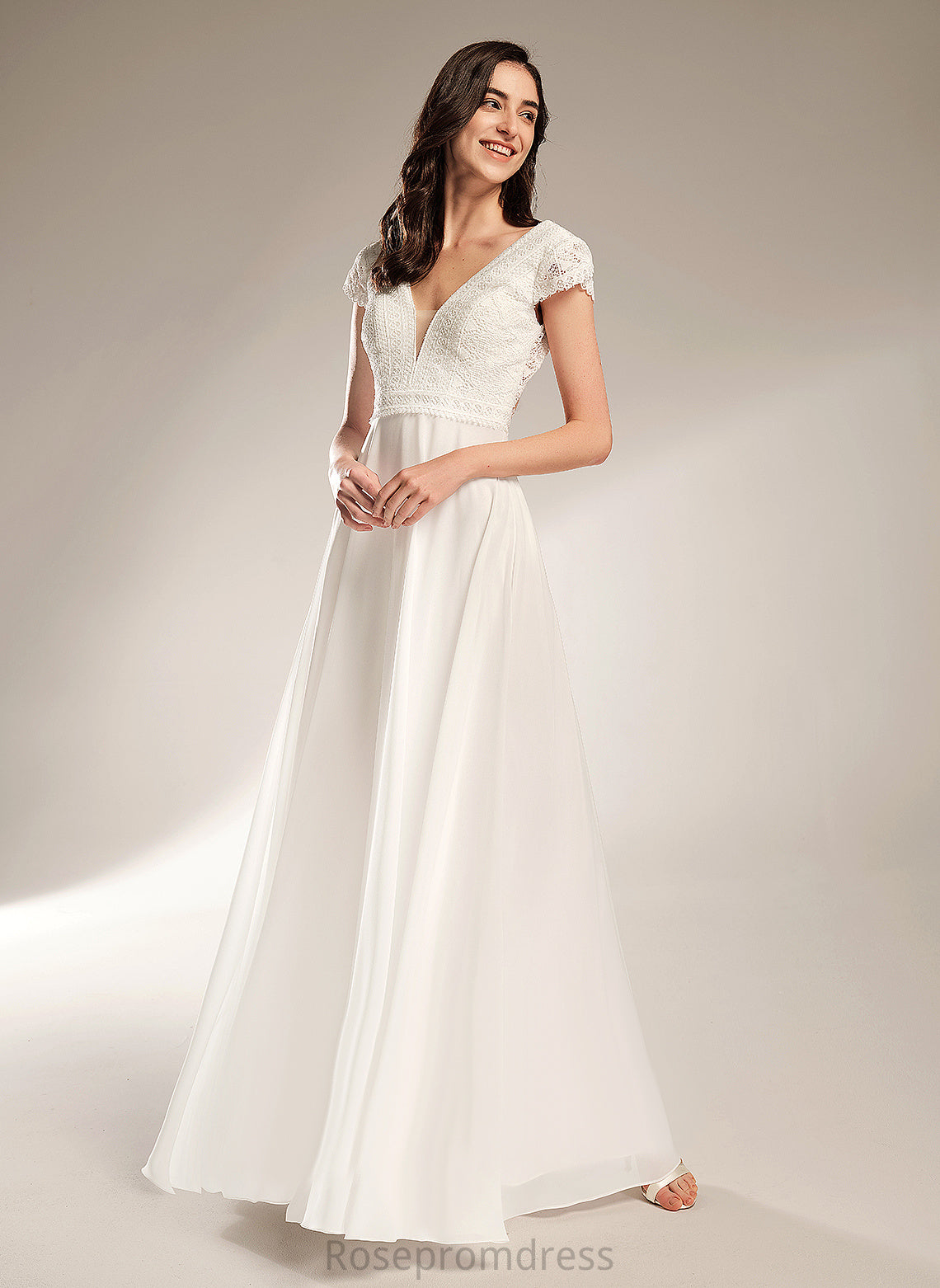 A-Line Lace Wedding Dresses Wedding Abbey Chiffon Dress V-neck Floor-Length