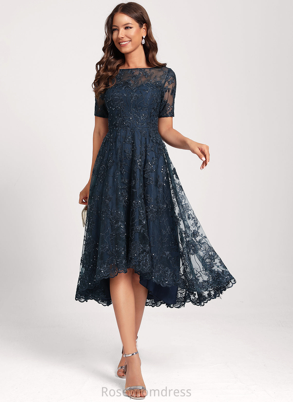 Dress Lace Asymmetrical Sequins Neck Tulle Scoop Cocktail Autumn Club Dresses A-Line With