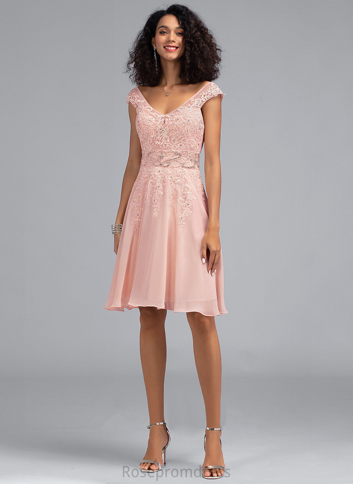 Homecoming Knee-Length Chiffon Maud With A-Line Homecoming Dresses Beading Lace V-neck Dress