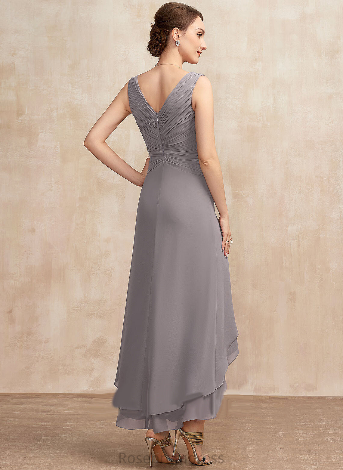 Marie Mother Ruffle A-Line of V-neck Mother of the Bride Dresses the Asymmetrical Bride Dress Chiffon With