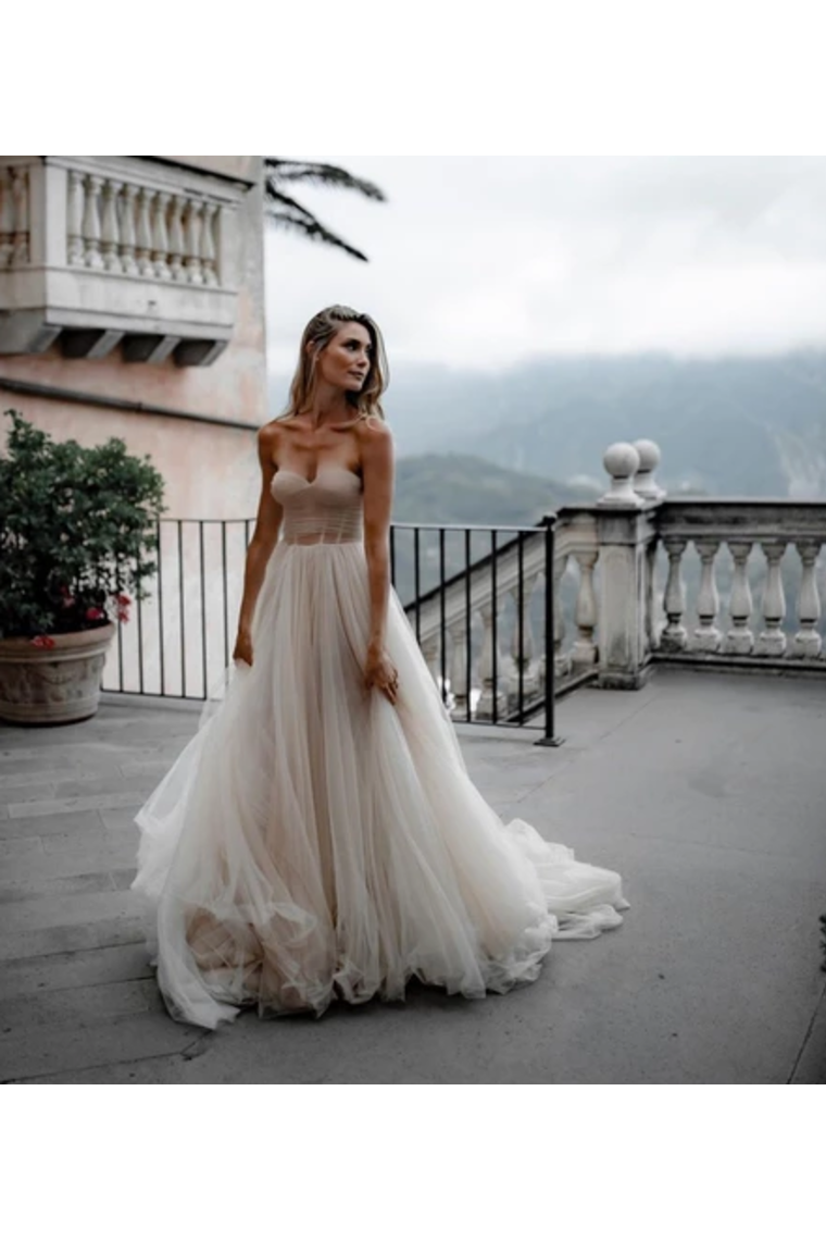 Pleated Tulle Bridal Dresses SweetHeart Neckline Minimalist Wedding Dresses