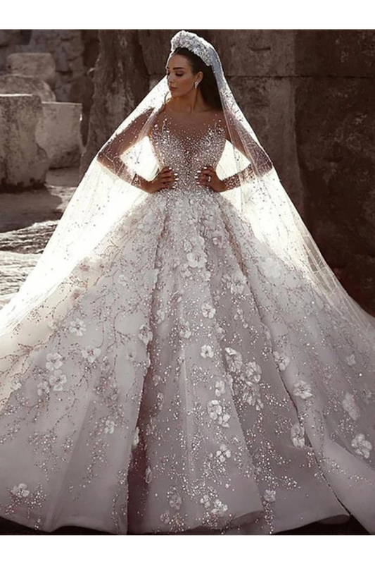 Gorgeous Long Sleeves Flowers Ball Gown Wedding Dress With Sequin Beaded