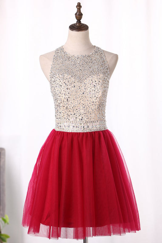 2024 Scoop A Line Homecoming Dresses Tulle With Beading Short/Mini