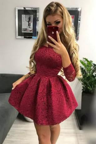 Cute Off the Shoulder Long Sleeves Burgundy Lace Homecoming Dresses Sweet 16 Dresses SRS14972