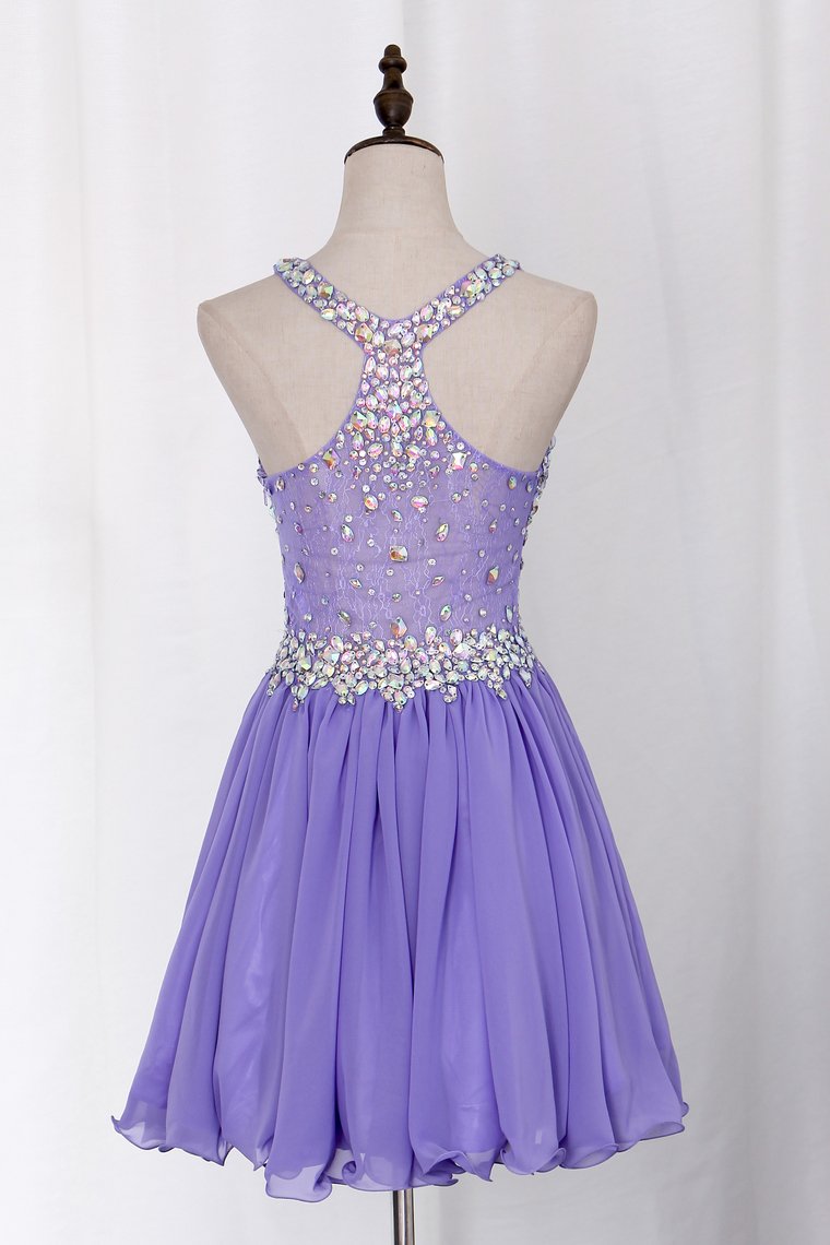 2024 Delicate Short/Mini Halter A Line/Princess Homecoming Dresses Lace&Chiffon Beaded Bodice