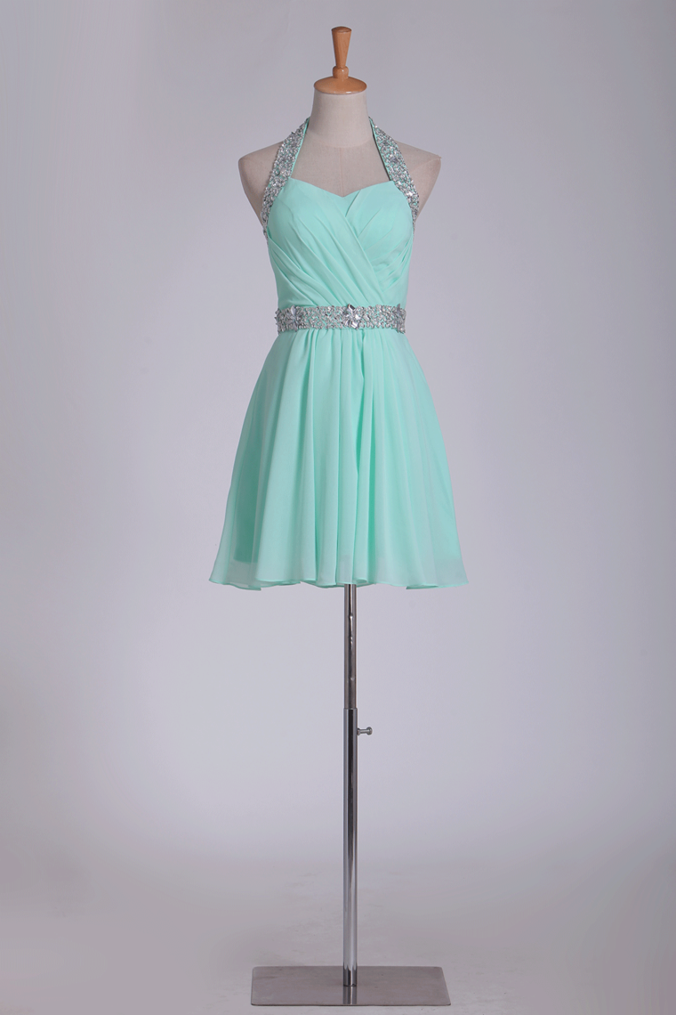 2024 Mint Homecoming Dresses Halter A-Line Short/Mini Chiffon With Beading