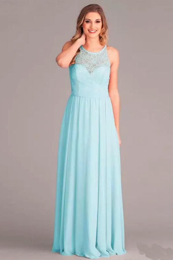 New Arrival A-Line V-Neck Floor-Length Mint Open Back Chiffon Bridesmaid Dress with Lace GD00004