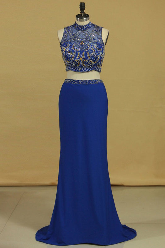 2024 Two Pieces Column Prom Dresses High Neck With Beading Spandex