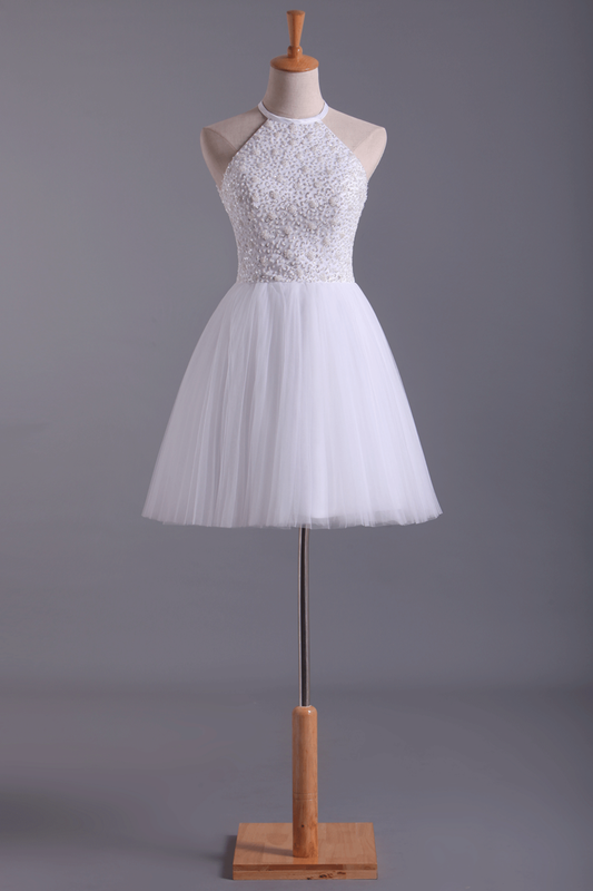 2024 White Halter Homecoming Dresses A-Line Tulle Short/Mini Beaded Bodice