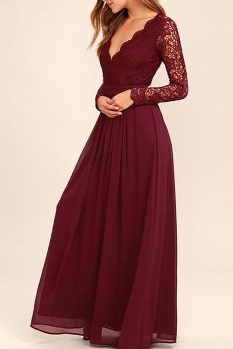 Long Sleeves V-Neck Lace Chiffon A-Line Maroon Prom Dresses Bridesmaid Dresses