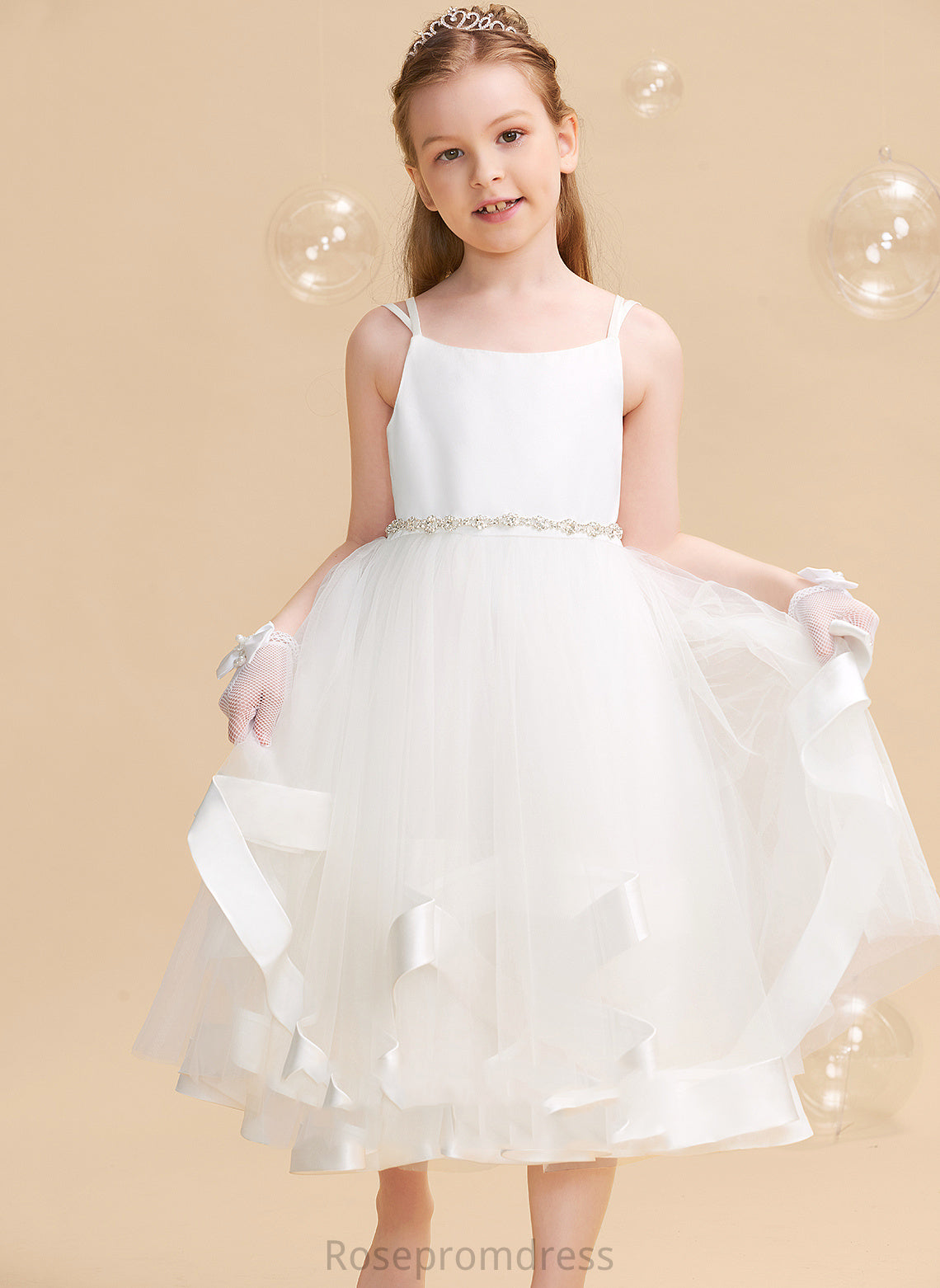 Tea-length Straps Flower Dress Satin/Tulle Beading Girl With Kaleigh Sleeveless A-Line - Flower Girl Dresses