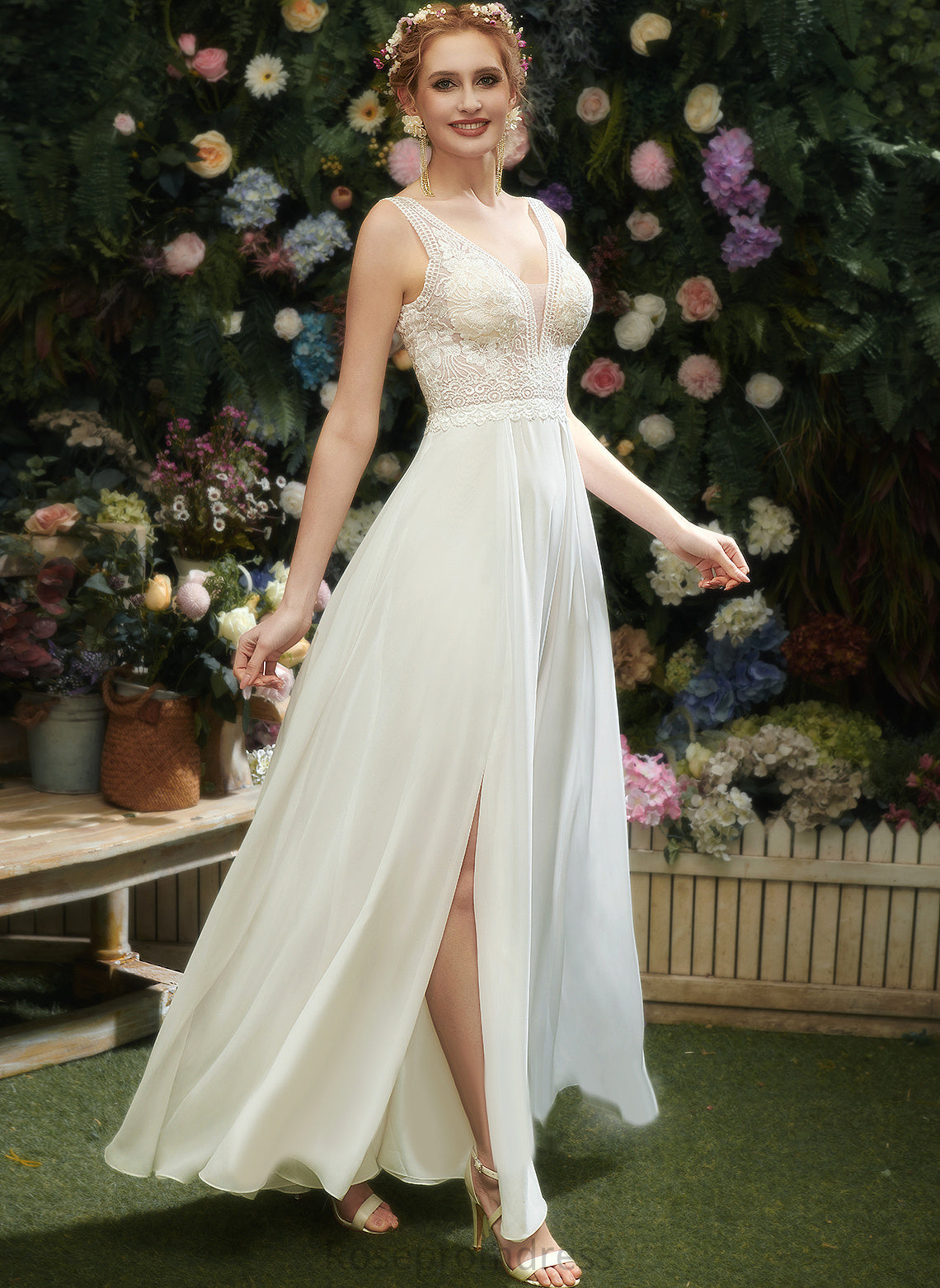 V-neck Wedding Dresses Sequins Chiffon A-Line Lace With Dress Haven Wedding Floor-Length