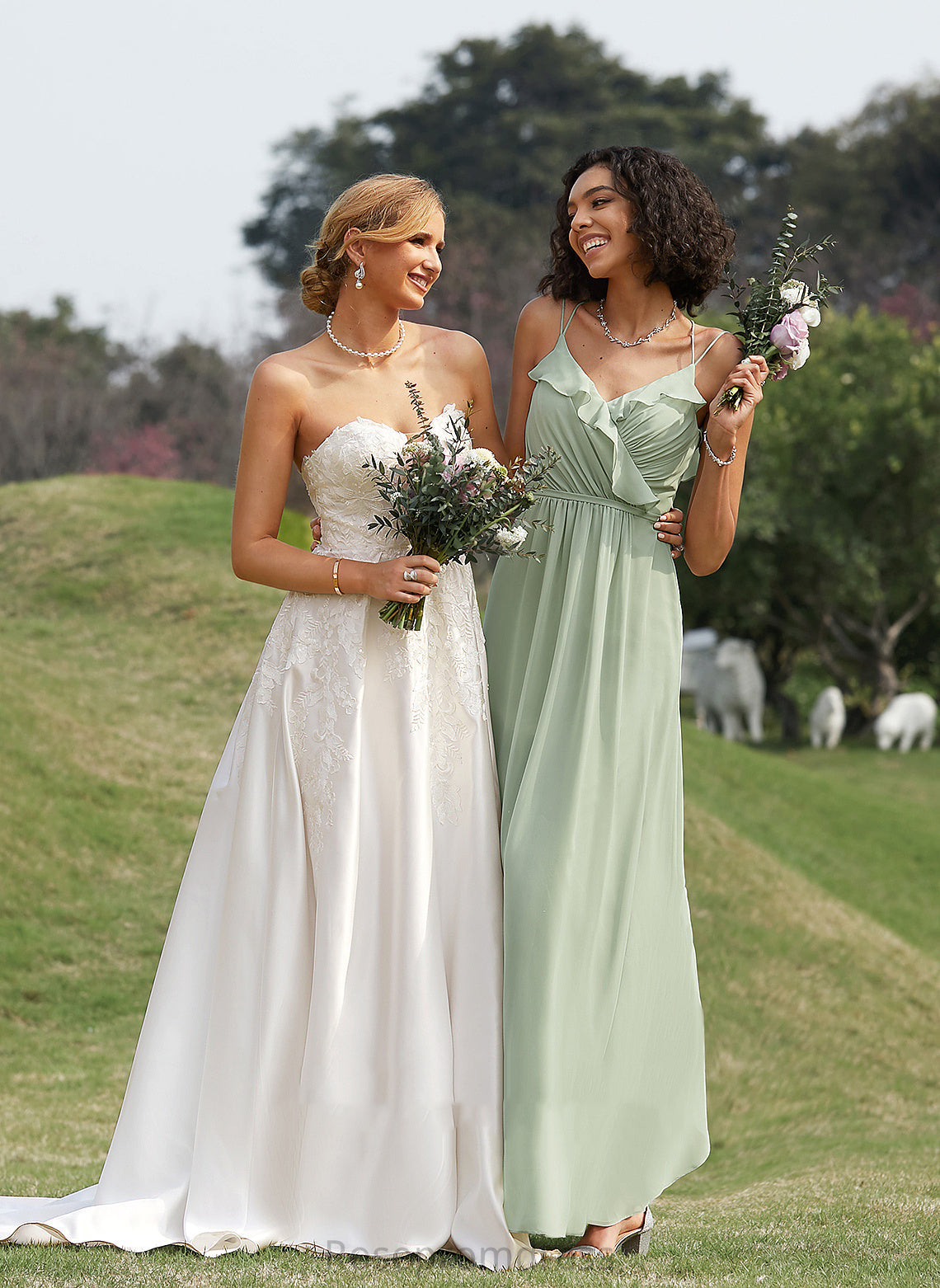 Fabric Embellishment Neckline Floor-Length Silhouette A-Line Length Ruffle V-neck Mckayla A-Line/Princess Scoop Bridesmaid Dresses