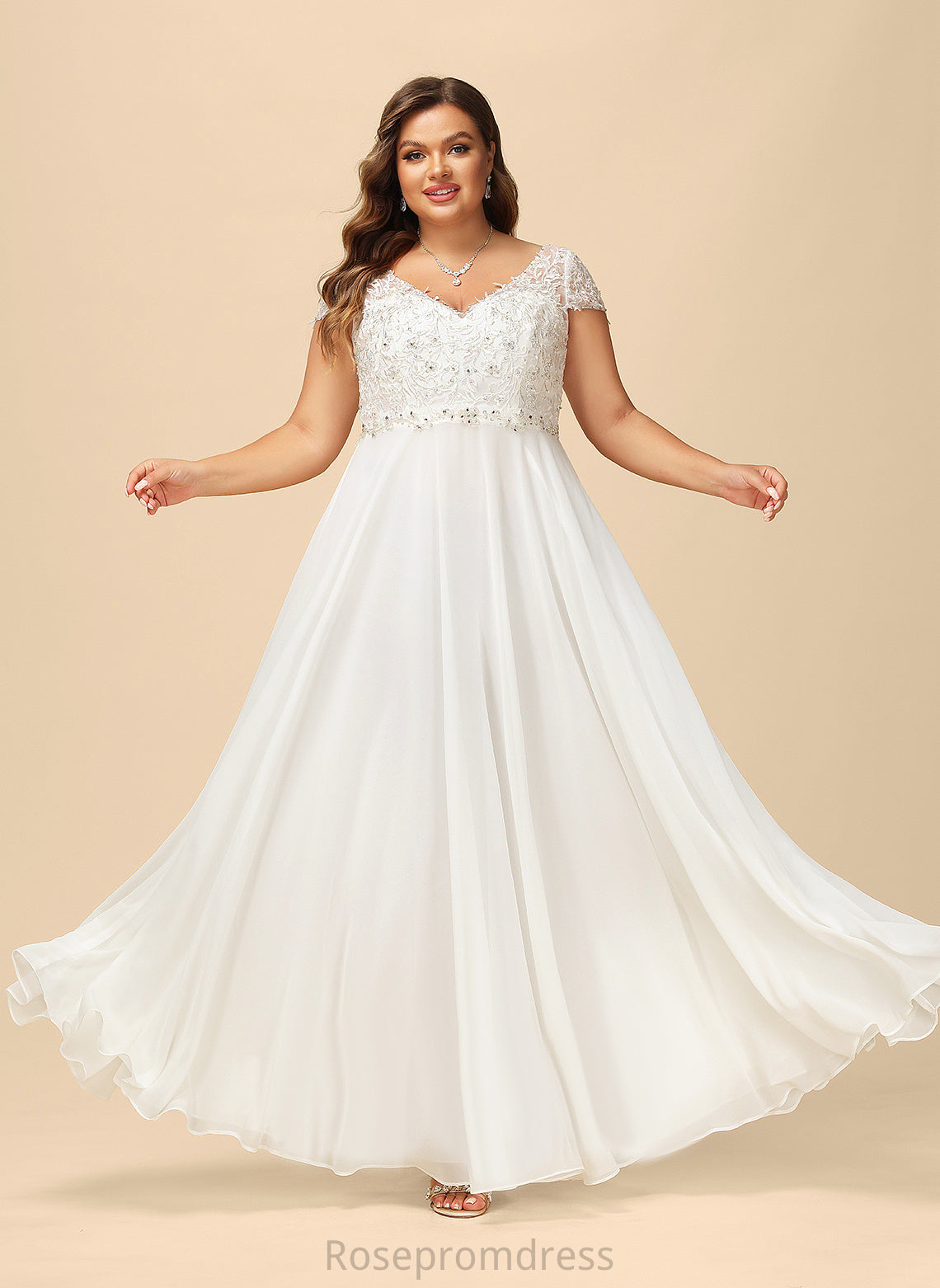 Lyric V-neck Chiffon Lace Floor-Length Dress Wedding Dresses With Sequins Beading Wedding A-Line