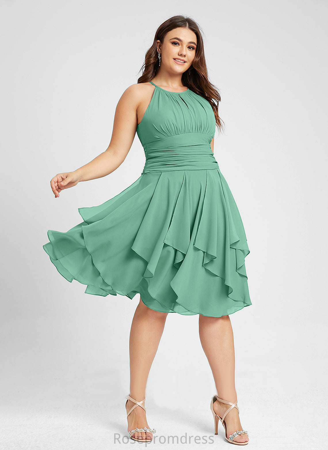 A-Line Dress Chiffon Cocktail Ruffle Ruffles Scoop Neck Knee-Length Viola With Cascading Cocktail Dresses