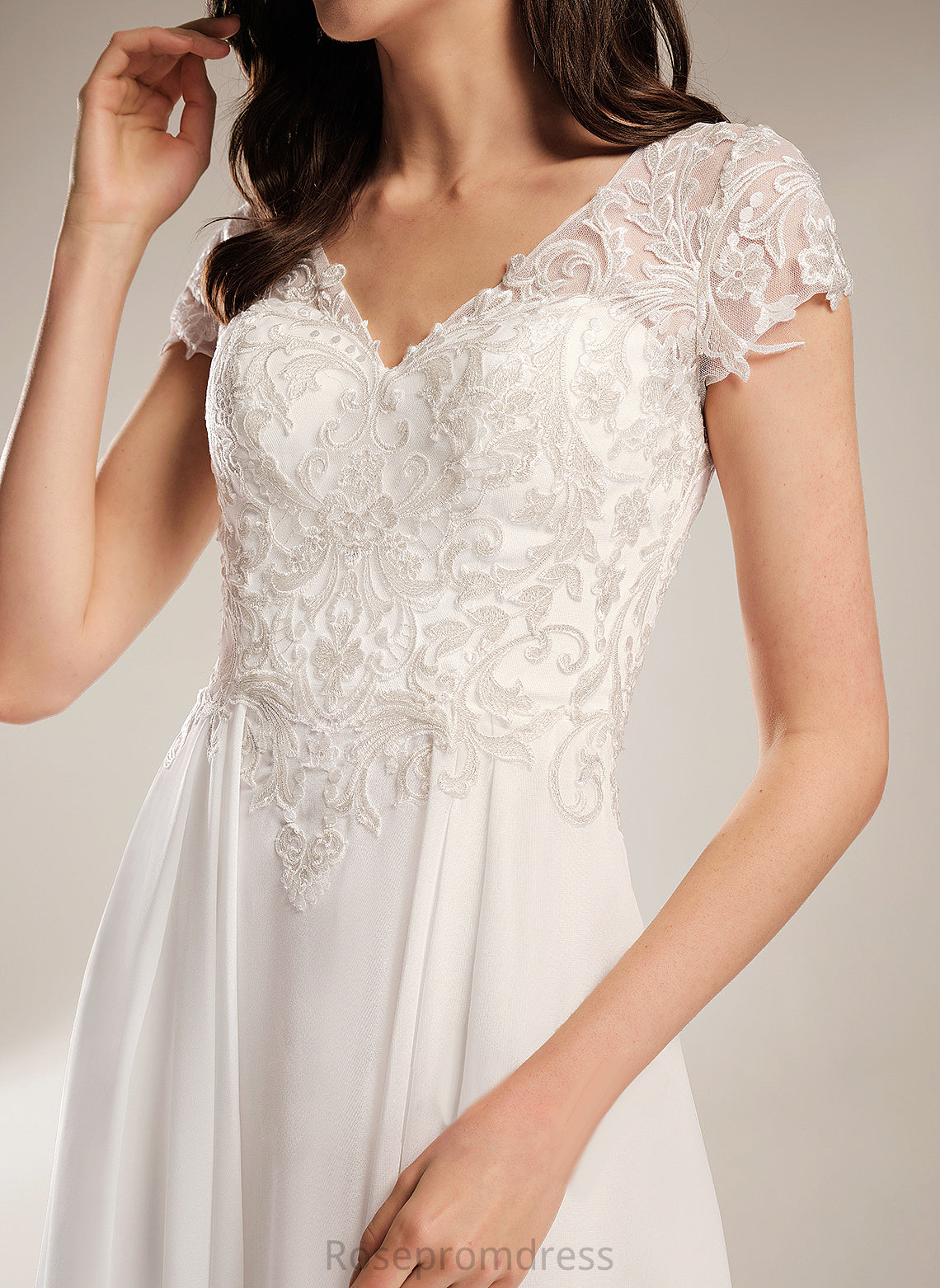 V-neck Chiffon Asymmetrical Wedding Dresses Claudia A-Line Wedding Lace Dress