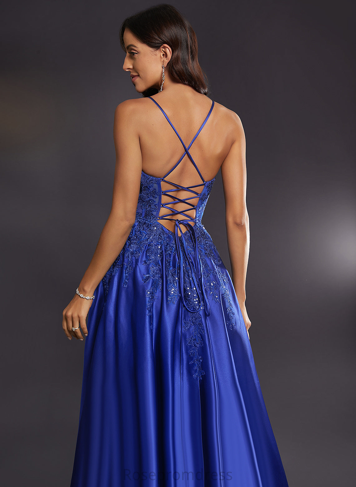 Floor-Length V-neck Prom Dresses Estrella Satin With Sequins A-Line