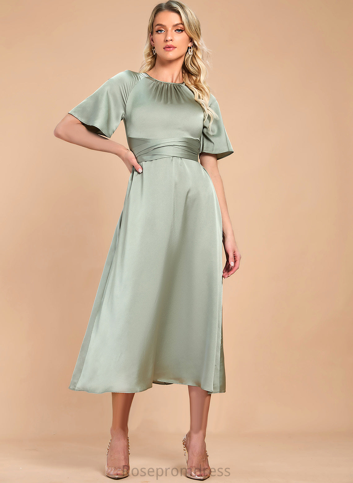 Sleeves Round Elegant Neck Luna A-line Midi Short Club Dresses Satin Dresses