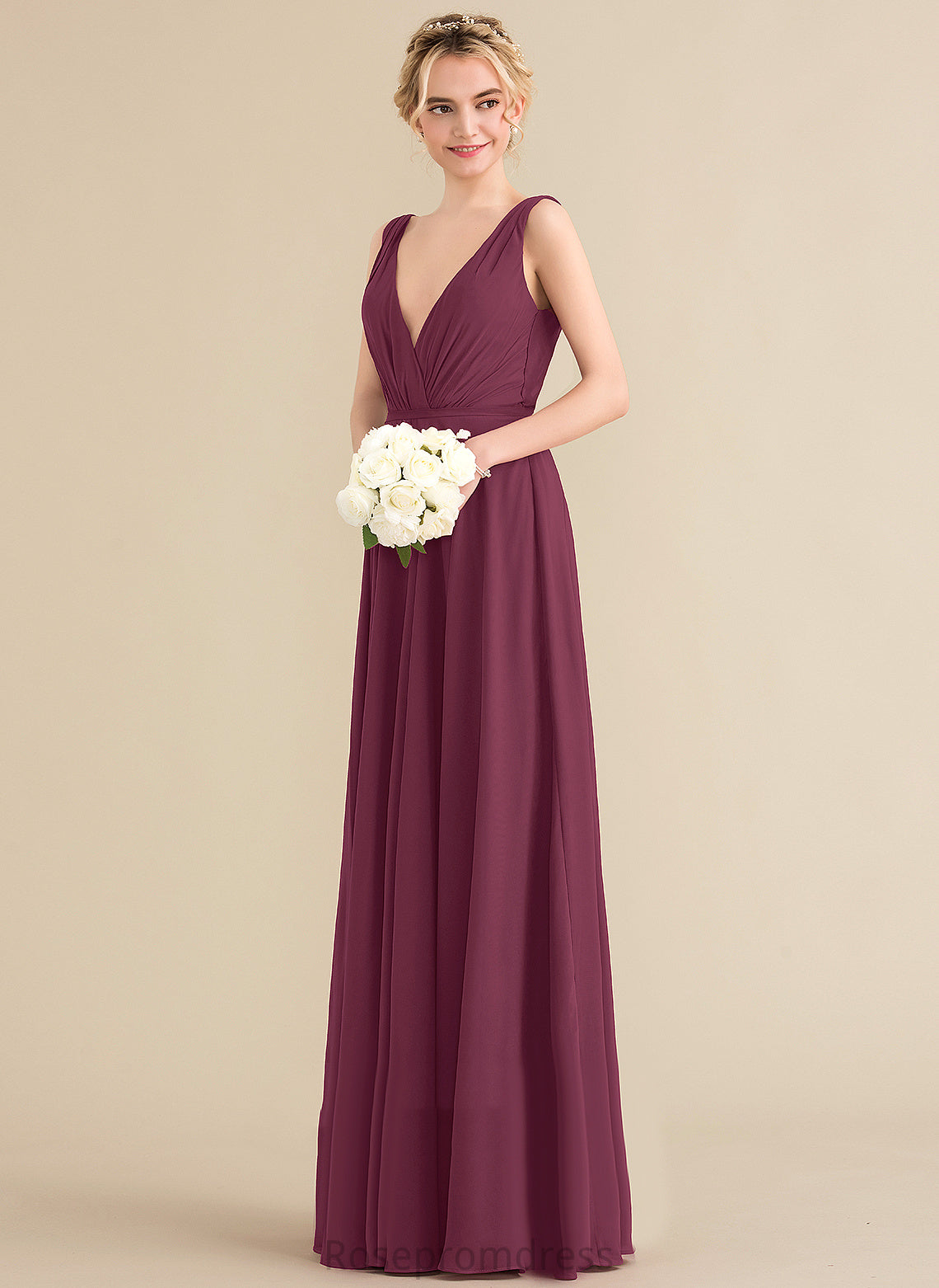 A-Line Floor-Length Pleated Chiffon Prom Dresses V-neck With Violet