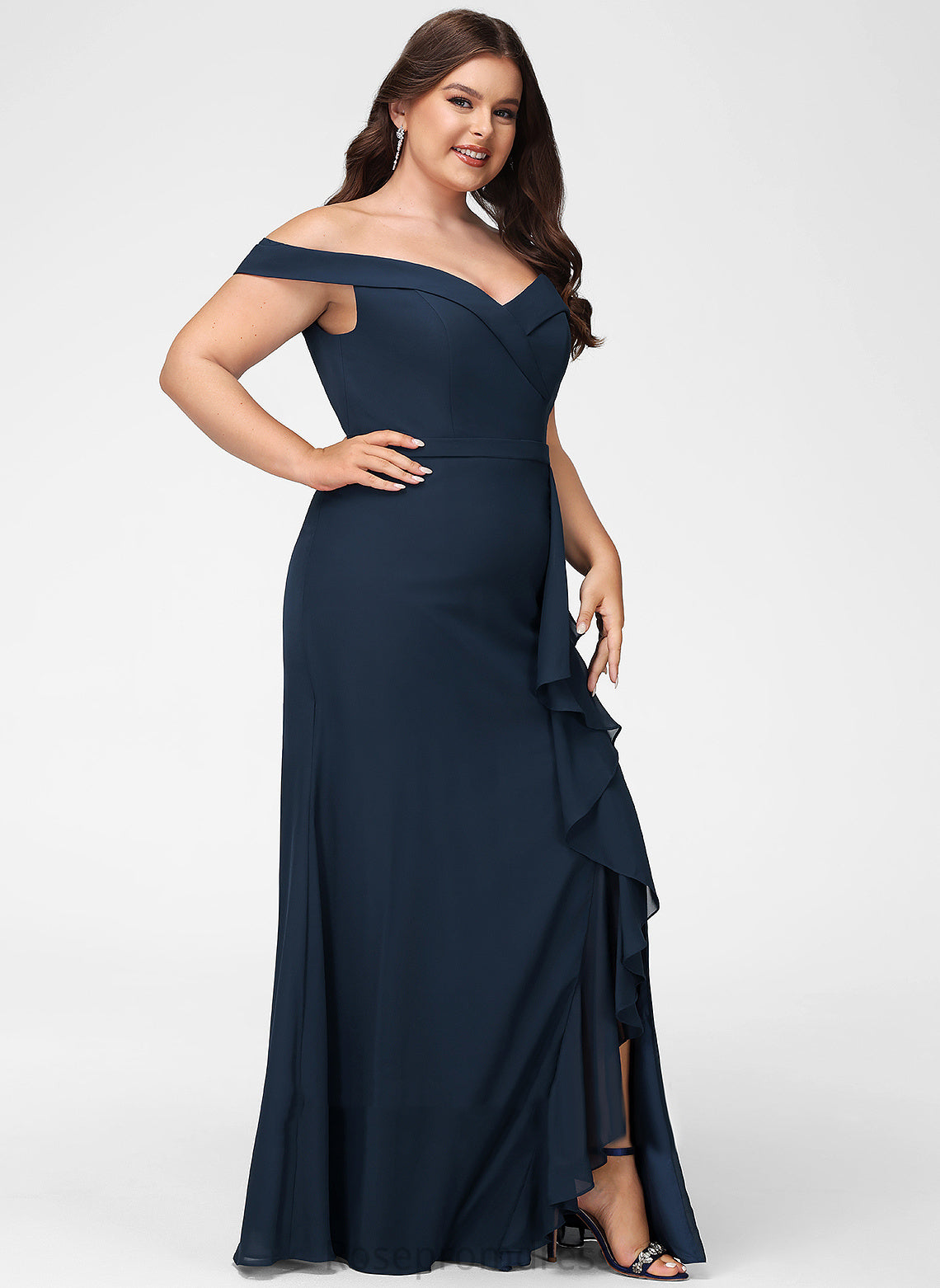 Embellishment Ruffle Floor-Length Neckline Fabric Length Off-the-Shoulder A-Line Silhouette Martha A-Line/Princess Sleeveless Bridesmaid Dresses