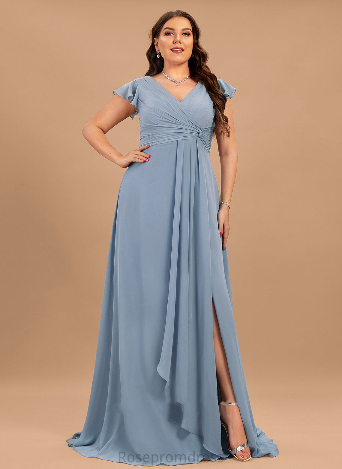 Silhouette Ruffle Fabric A-Line Length Embellishment SplitFront V-neck Neckline Floor-Length Lexi Bridesmaid Dresses