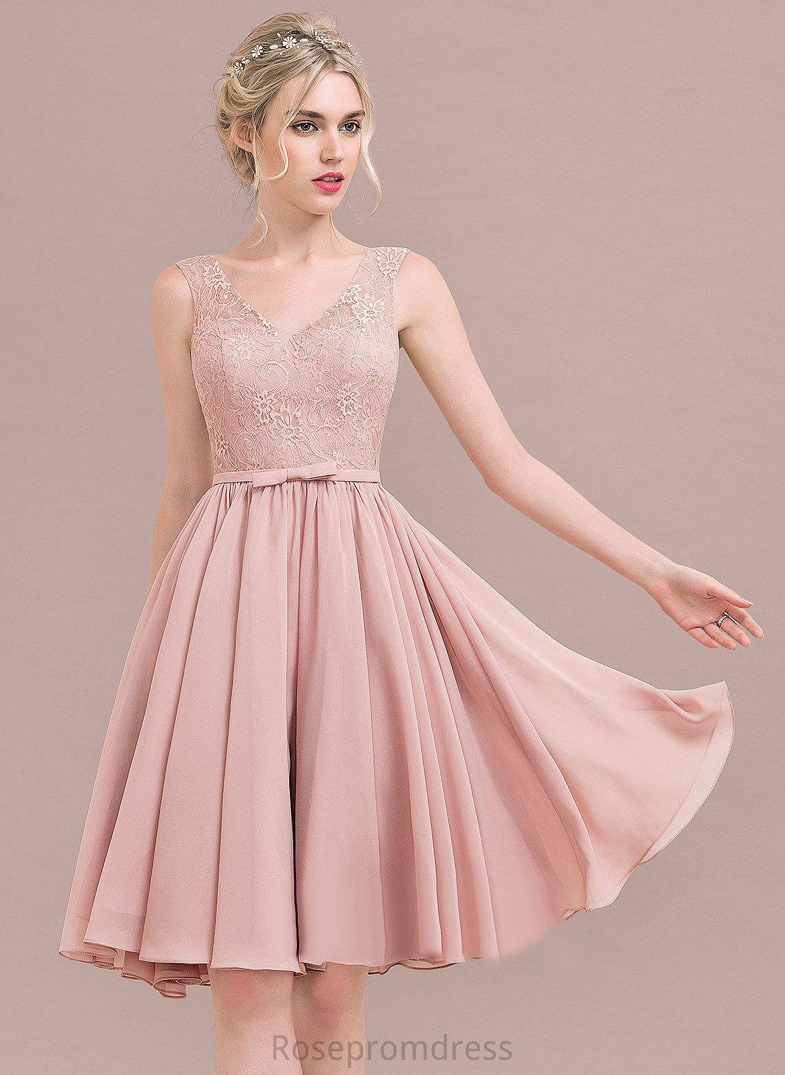 Chiffon Lace Knee-Length With Bow(s) Homecoming V-neck Dress Lace Homecoming Dresses Dulce A-Line