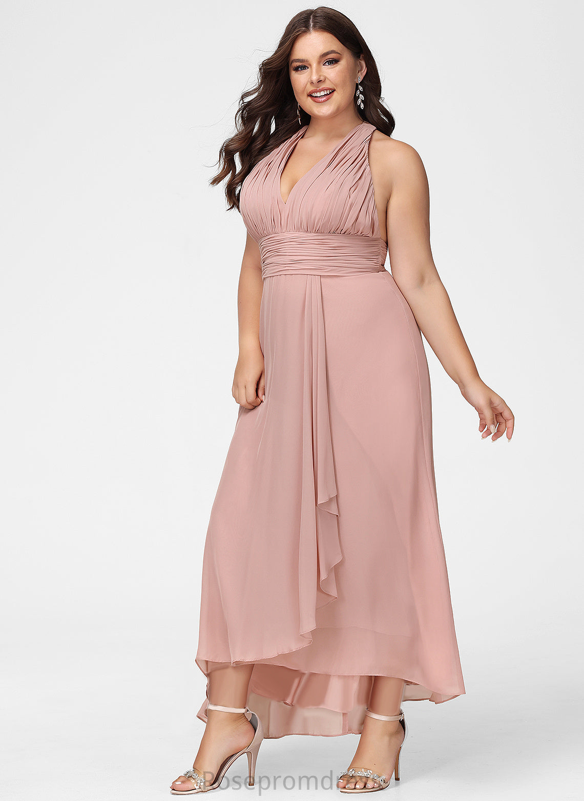 Asymmetrical Fabric V-Neck Neckline A-line Silhouette Length Straps&Sleeves Rachel Natural Waist Sleeveless Floor Length Bridesmaid Dresses